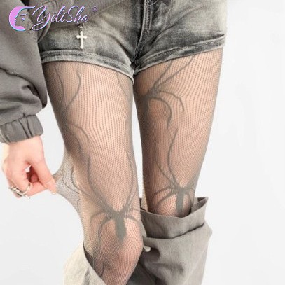 Halloween Fishnet Stockings Spider Web Ghost Head Summer Thin Pantyhose Women's Jacquard Fishnet Stockings Black Silk Mesh