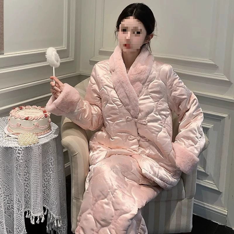 Коралловый бархат трехслойная хлопчатобумажная пижама женский 2024 новый национальный ветер волосатый воротник зимой толстый