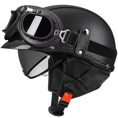 car helmet Japanese scoop helmet, Motosiklet kaskı (dəbilqə) - black-leather-tea-mirror-black-frame-mirror-m