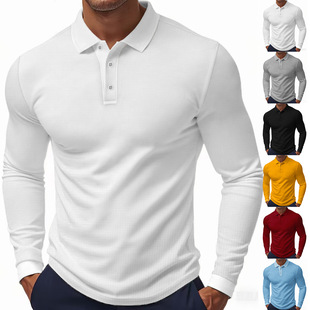 2025 Cross-Border Polo Shirt Long-Sleeved Men's American Autum New Men's Pure Color Long-Sleeved Polo Golf T-Shirt