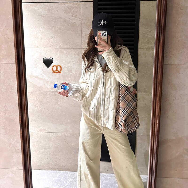 American Retro Hooded Knitted Cardigan for Women Early Spring Double Zipper Twist Sweater Jacket Lazy Preppy Style Top