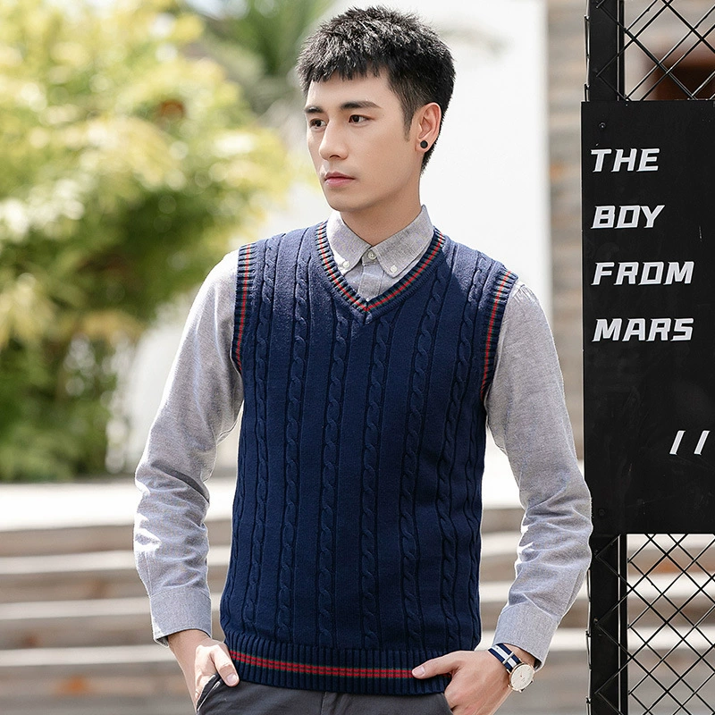 Вязаный жилет-свитер, Мужской осенне-зимний жилет в Корейском стиле, свитер, пуловер с V-образным вырезом, модный базовый свитер контрастного цвета