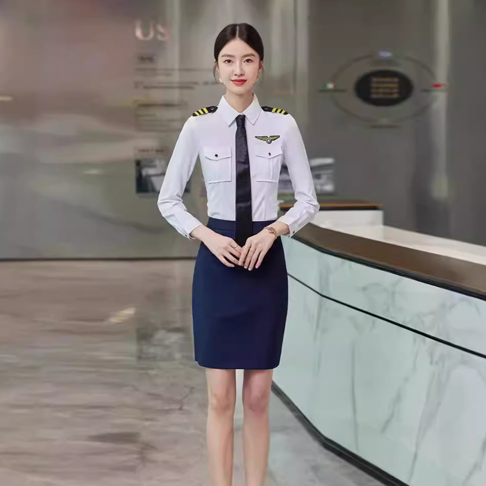 Professional Shirt Women's Long Sleeve Spring and Autumn Navy Stewardess Uniform Dress Aviation School Art Examination Clothes Work Clothes Shirt