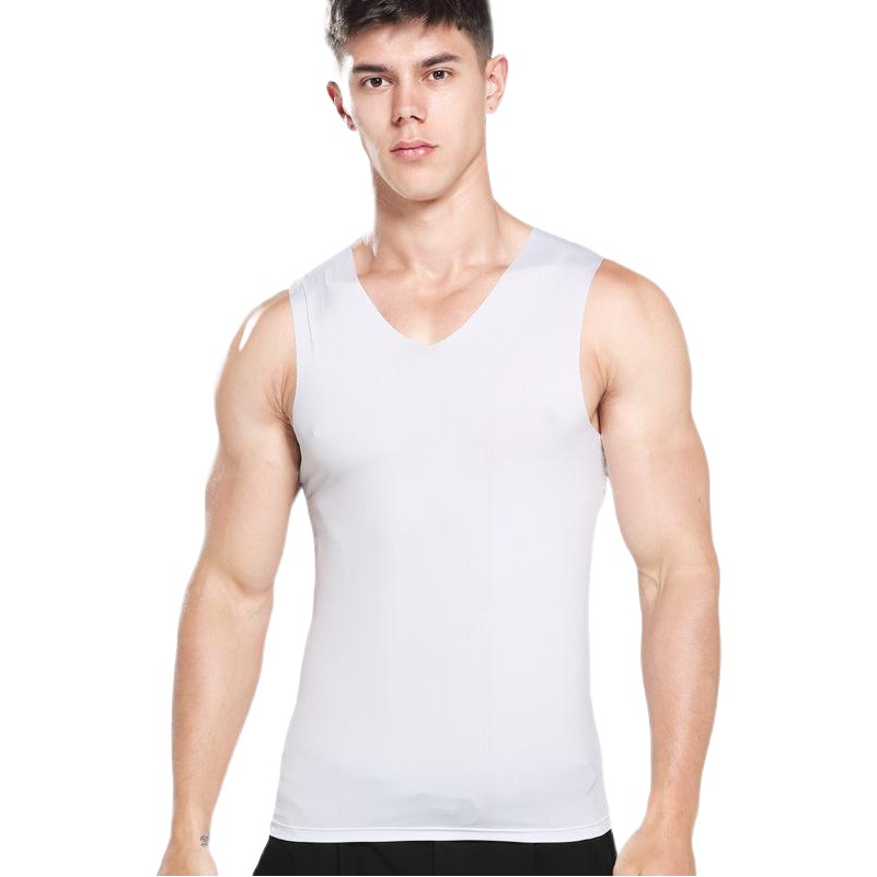 男性の無傷の氷の糸のベストの男性の夏の薄い金の通気性の弾力性のタイトな肩の青年の学生の汗のシャツのハードルの白