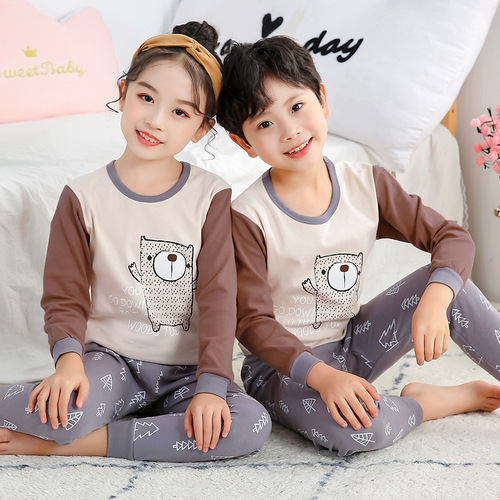 Children's thermal underwear set, autumn and winter boys' pure cotton bottoming shirts, girls' cartoon cotton round neck autumn clothes and long trousers
