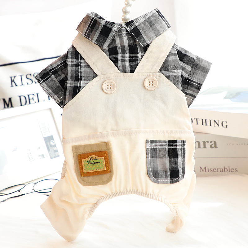 Dog Clothes Spring and Summer Thin Fashion Plaid Pocket Strap Pants Four-legged Suit Small Dog Teddy Pet 5724