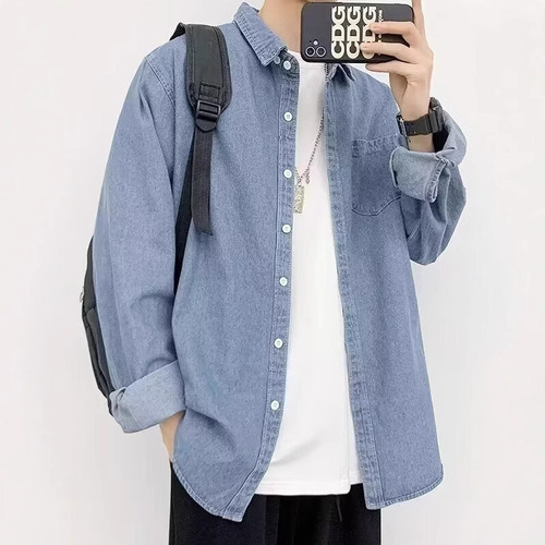 Japanese Retro Washed Denim Long-Sleeve Shirt for Men - Spring and Autumn New Trend Casual Stylish Versatile Bad Boy Workwear Shirt