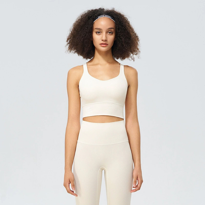 Ropa interior deportiva acanalada, taza fija para mujer, espalda hermosa cruzada de alta elasticidad, sujetador de yoga a prueba de golpes, chaleco de secado rápido de fitness