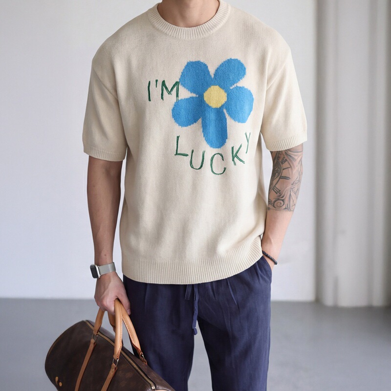 Korean Style Off-White Floral Short-Sleeved T-Shirt for Men 2026 New Summer Loose Casual Style Round Neck Knitted Top