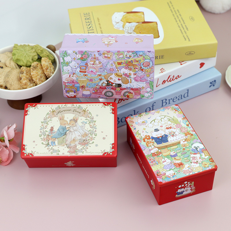 Nueva Caja de Dulces Cuadrada para Boda, Tarro de Dulces, Recuerdo de la Novia, Embalaje de Regalo, Caja de Hojalata con Diseño de Conejo