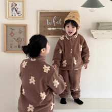 初辰秋冬亲子毛绒家居服男女童双面雪呢绒儿童卡通印花两件套睡衣