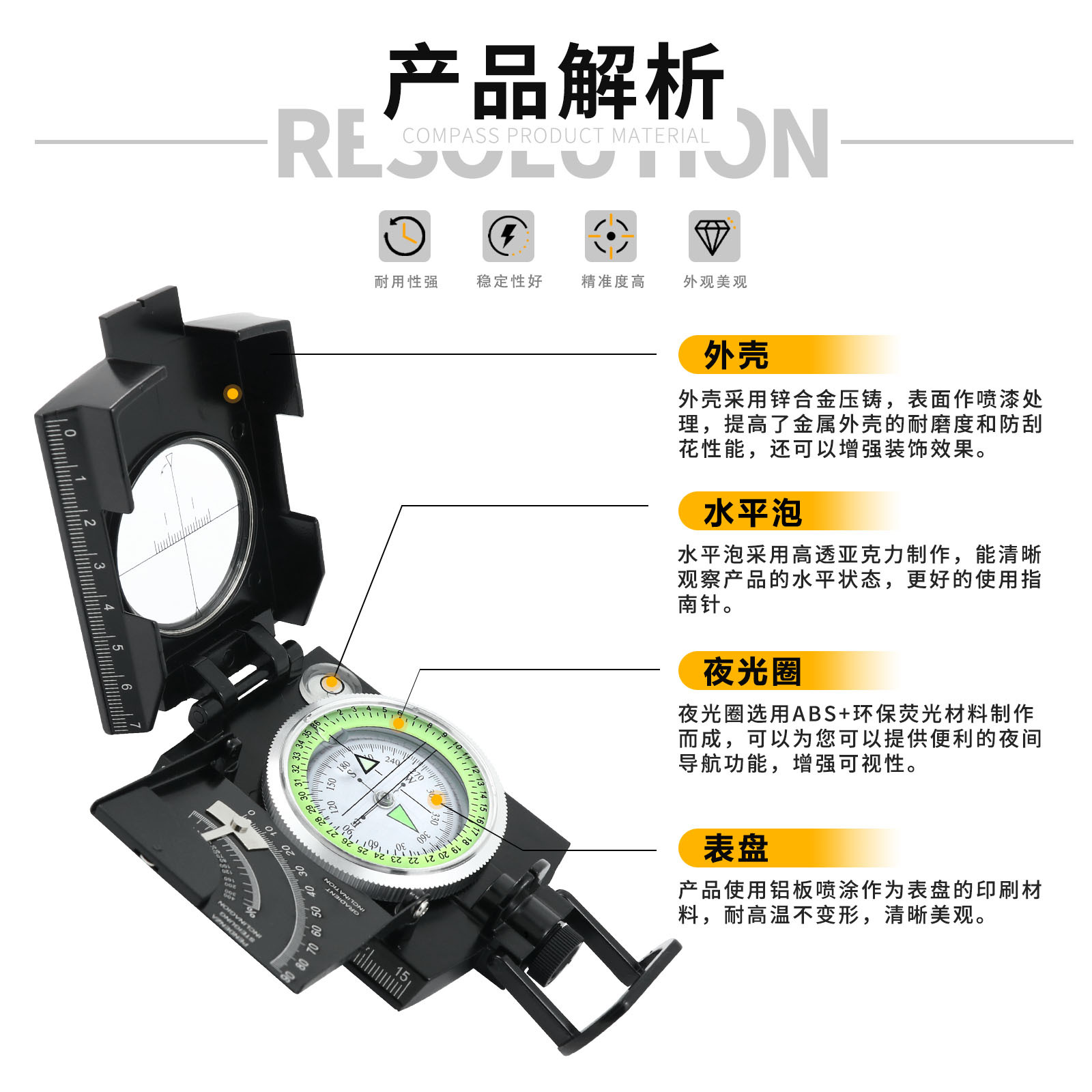 En stock K4074 negro Brújula de alta precisión profesional al aire libre multi-funcional brújula geológica táctica Norte apuntando aguja