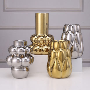 Factory Direct Sale of Simple Ceramic Vases for Entryway Decoration, Water-Cultivated Electroplated Gold and Silver Ins-Style Decorative Floral Art Business Gifts