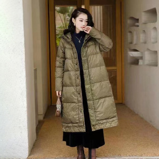 2022 New Winter Mid-Length down Jacket for Women Loose Large Size Plaid Over-The-Knee Thickeneded Hooded White Duck down Jacket