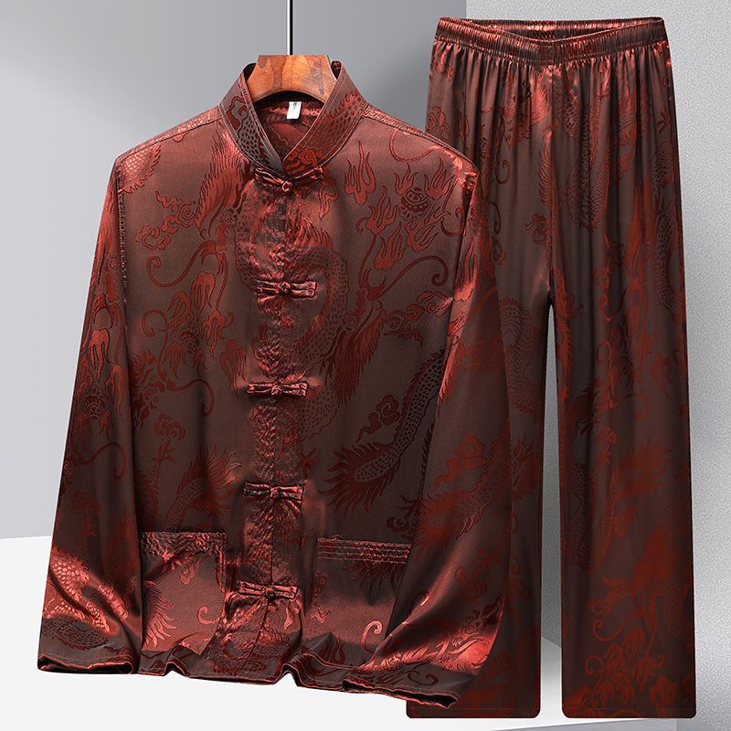 New Chinese Dragon Pattern Tang Suit Men's Ice Silk Long Sleeve suit Spring and Summer Middle-aged and Elderly People's Hanfu Dad Grandpa Tai Chi Suit