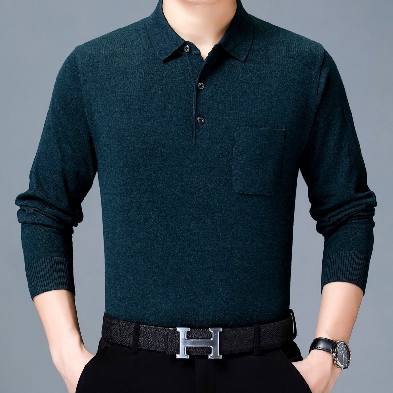 秋の新作中年男性長袖Tシャツニットボトムシャツリアルポケットラペルポロシャツトレンド8820|undefined