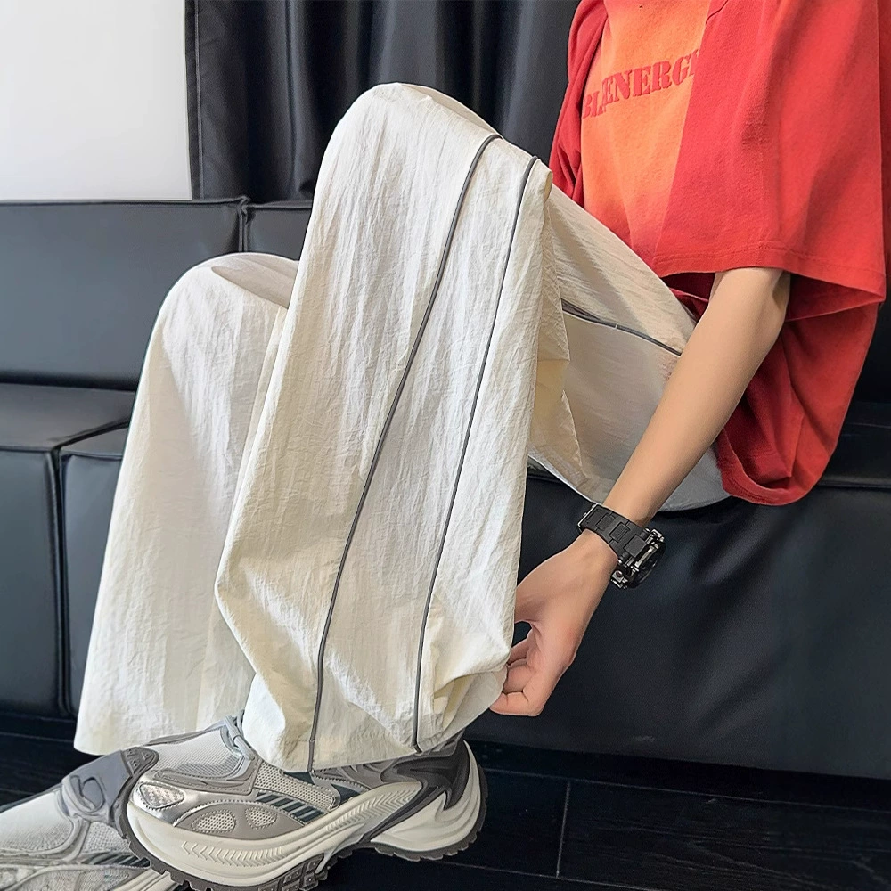 Белые светлые линии быстрых сушеных брюк мужские летние тонкие приливные спортивные широкие брюки американские прямые свободные повседневные брюки