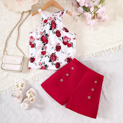 EW Children's Clothing, Middle Childhood New Girls' Summer V-Neck Top and Double-Collar Shorts Set DTZ973-D