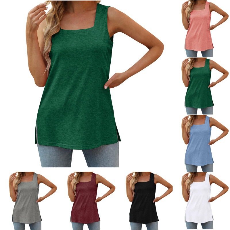 2023 European and American Summer Foreign Trade T-shirt Women's Amazon Explosions Vest Sleeveless Split Square Collar Women's Top T-shirt Women