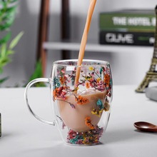 高颜值双层玻璃真干花杯家用耐热喝水杯子带把手牛奶杯茶杯咖啡杯