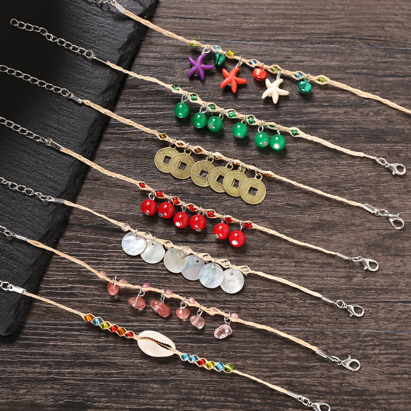 retro artsy mori style wish raffia bracelet natural gravel woven bell carrying strap national scenic spot ornament