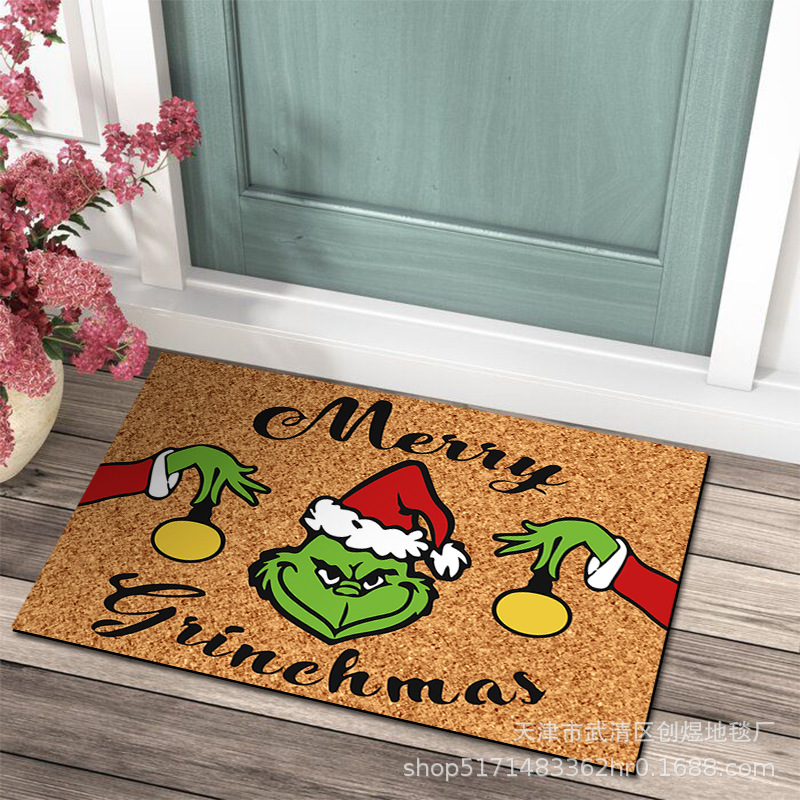 En stock Grinch alfombra del piso transfronterizo alfombra de Navidad alfombra de puerta de vacaciones verde payaso alfombra del piso