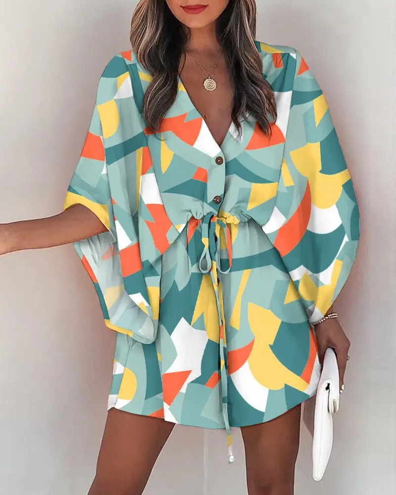 Transfronterizo europeo y americano de verano manga de vuelo Amazon deseo popular con cuello en V con cordones de ocio vestido de vacaciones ropa de mujer