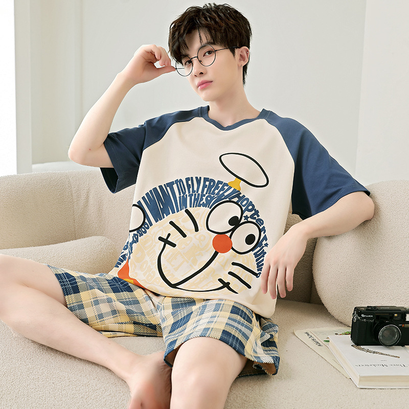 Men's Pajamas Summer Pure Cotton Short-Sleeved 2025 New Thin Style Teenagers Student Cartoon Large Size Home Clothes Set