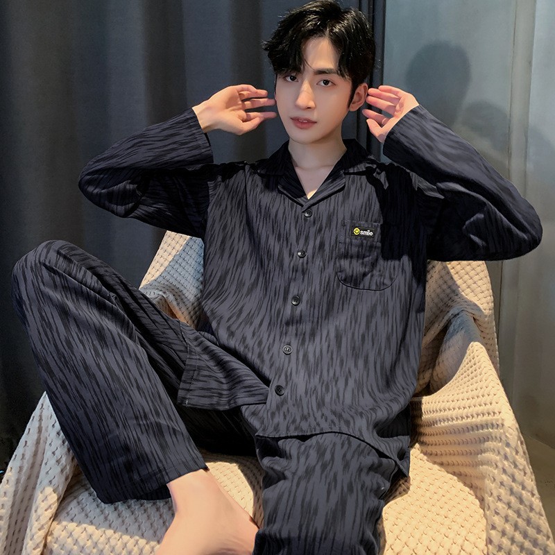 Pijamas de algodón juvenil primavera y otoño hombres Cardigan simple de manga larga relajado más ropa de hogar grande