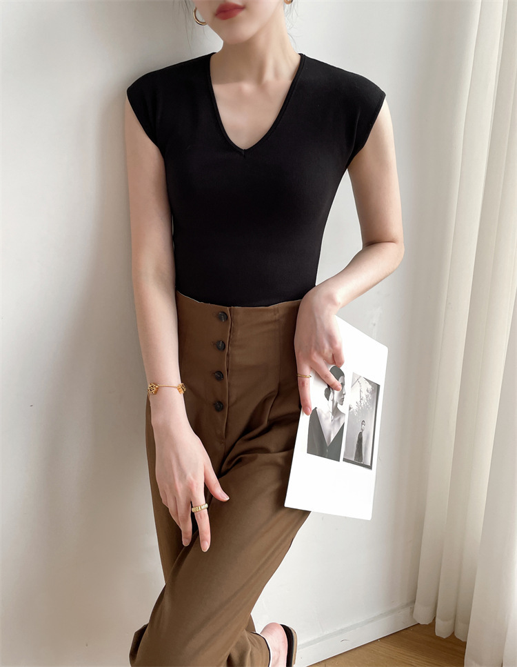 7065 Summer New Arrival French Style Retro Off-white V-neck Flying Sleeve Slim-fit Slimming Cool Breathable Short-sleeved T-shirt for Women