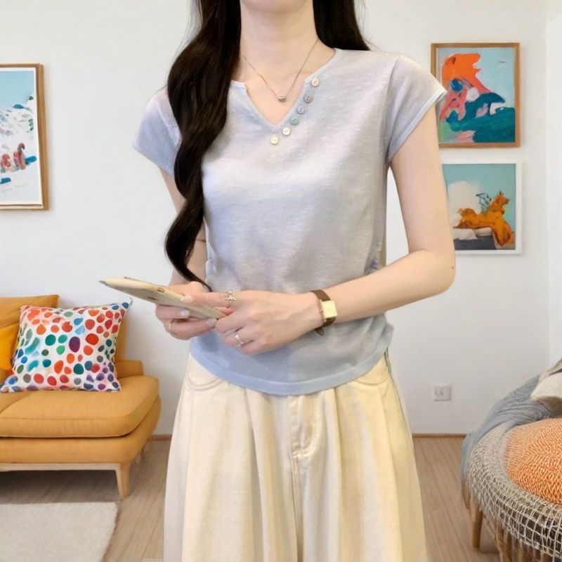 韩版温柔v领彩色纽扣夏季薄款短袖褶皱收腰抽绳T恤显瘦短款上衣|undefined