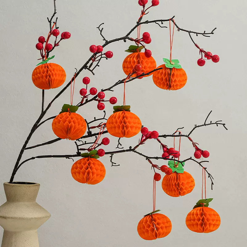 2026新年装饰小灯笼蜂窝球柿柿如意柿子挂件盆景成品挂饰发光串
