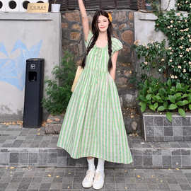 复古日系绿格纹抽绳系带连衣裙女2025夏季新时尚收腰显瘦中长裙子