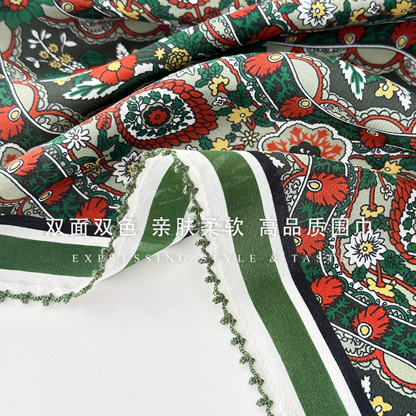 Spring Floral Silk Crepe Scarf For Women - Elegant & Fashionable For Spring/Autumn - Thumbnail 5