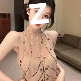 重工亮片网纱挂脖吊带背心女夏季泰式辣妹性感抹胸小上衣独特绝美