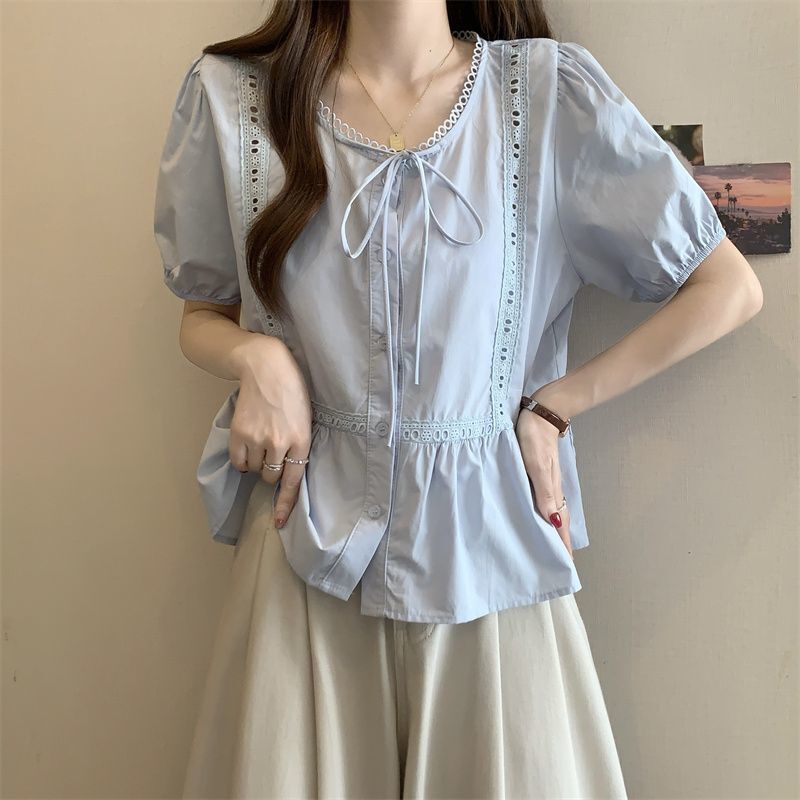 Lace Edge Right Shoulder Short-Sleeved Shirt for Women 2025 Summer New Style Waist Slimming Look Top Baby Doll Shirt Super Nice Top