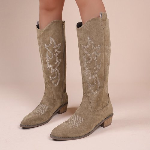Vintage Embroidered V-Neck Martens Boots for Women - Autumn/Winter Brown Thick Heel Mid-Calf Knight Boots Short Boots Western Cowboy