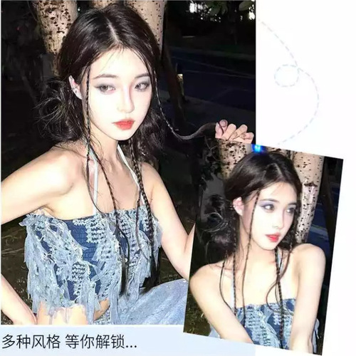 Wig female ponytail simulation Y2K cool girl boxing braided ribbon flower bun two ponytail hairstyle online version