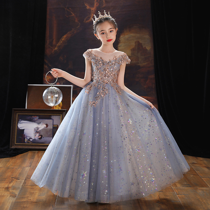 Children's High-end Evening Dress Girls' Princess Dress Puff Yarn Little Girl Flower Girl's Wedding Dress Host Piano Performance Dress