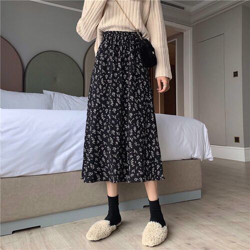 Petite floral half-body skirt, fairytale-like, slenderizing, new 2025 model, versatile, knee-length, high-waisted, long written skirt