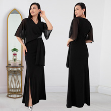 C7372跨境速卖通亚马逊欧美时尚女装气质性感透视烫钻开叉连衣裙