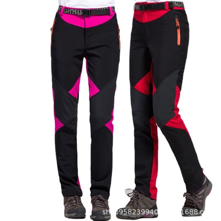 Autumn and Winter Women's One-Size-Fits-All Fleece Lining Color-Blocked Slim-Fit Assault Pants Waterproof and Windproof Outdoor Sports Mountaineering and Hiking Pants