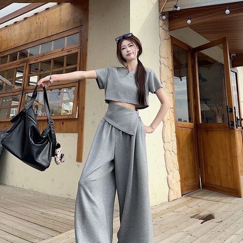 Summer fashion waist waist hot girl fashion suit irregular fake two-piece top T-shirt + high-waisted wide-leg pants two-piece set