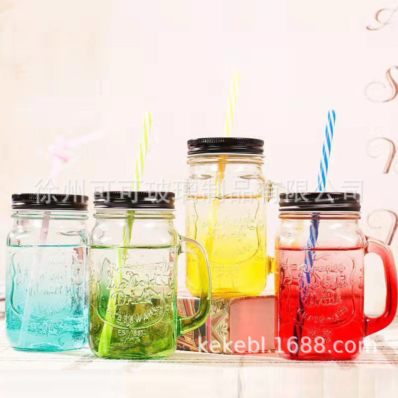 Frosted juice rooster cup gradient color letter glass transparent straw with lid cold drink handle mason cup