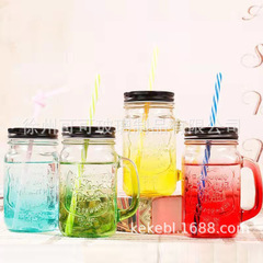 Frosted juice rooster cup gradient color letter glass transparent straw with lid cold drink handle mason cup