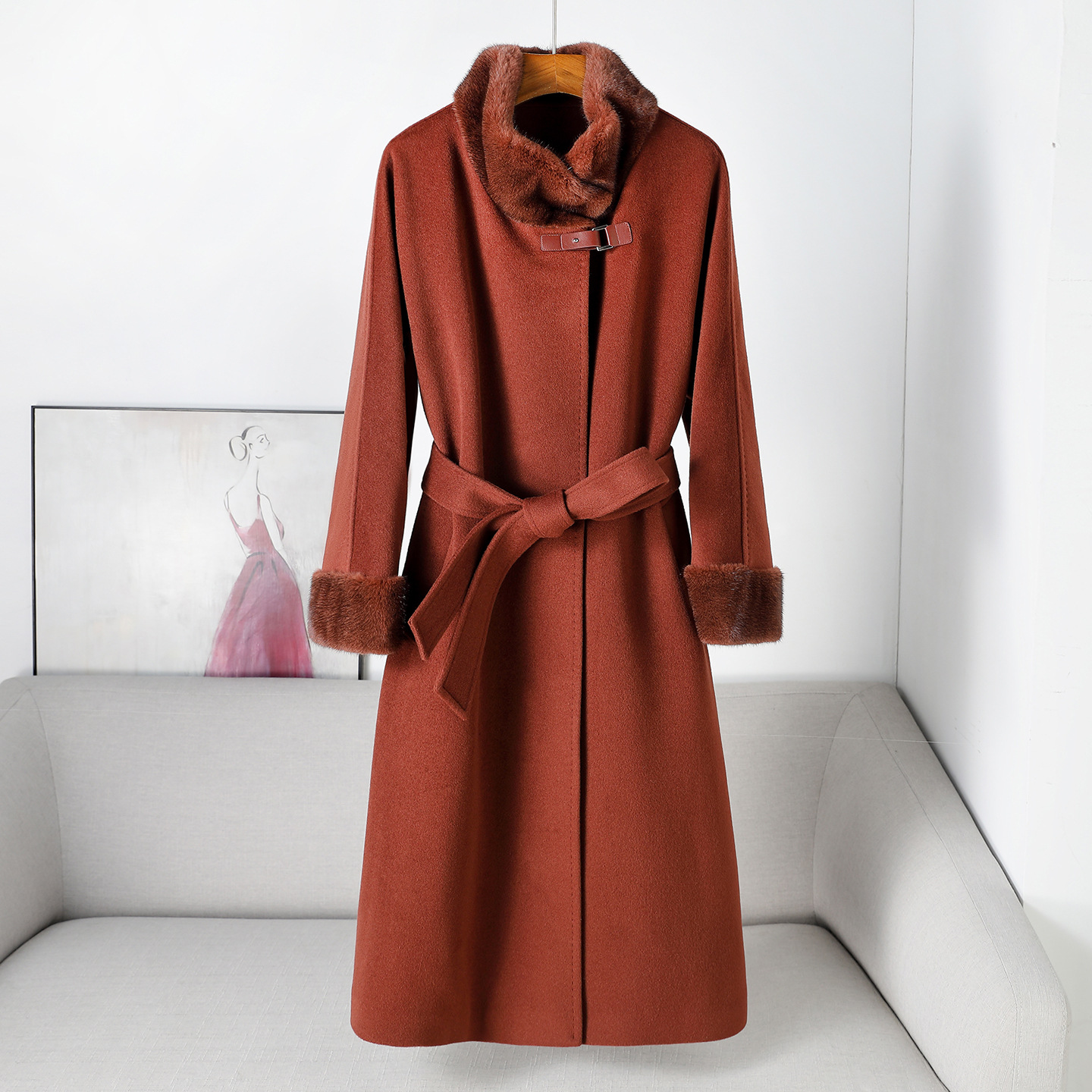 2025秋冬新款水貂毛立领羊绒大衣鹅绒服高级感系带长款厚羊毛外套