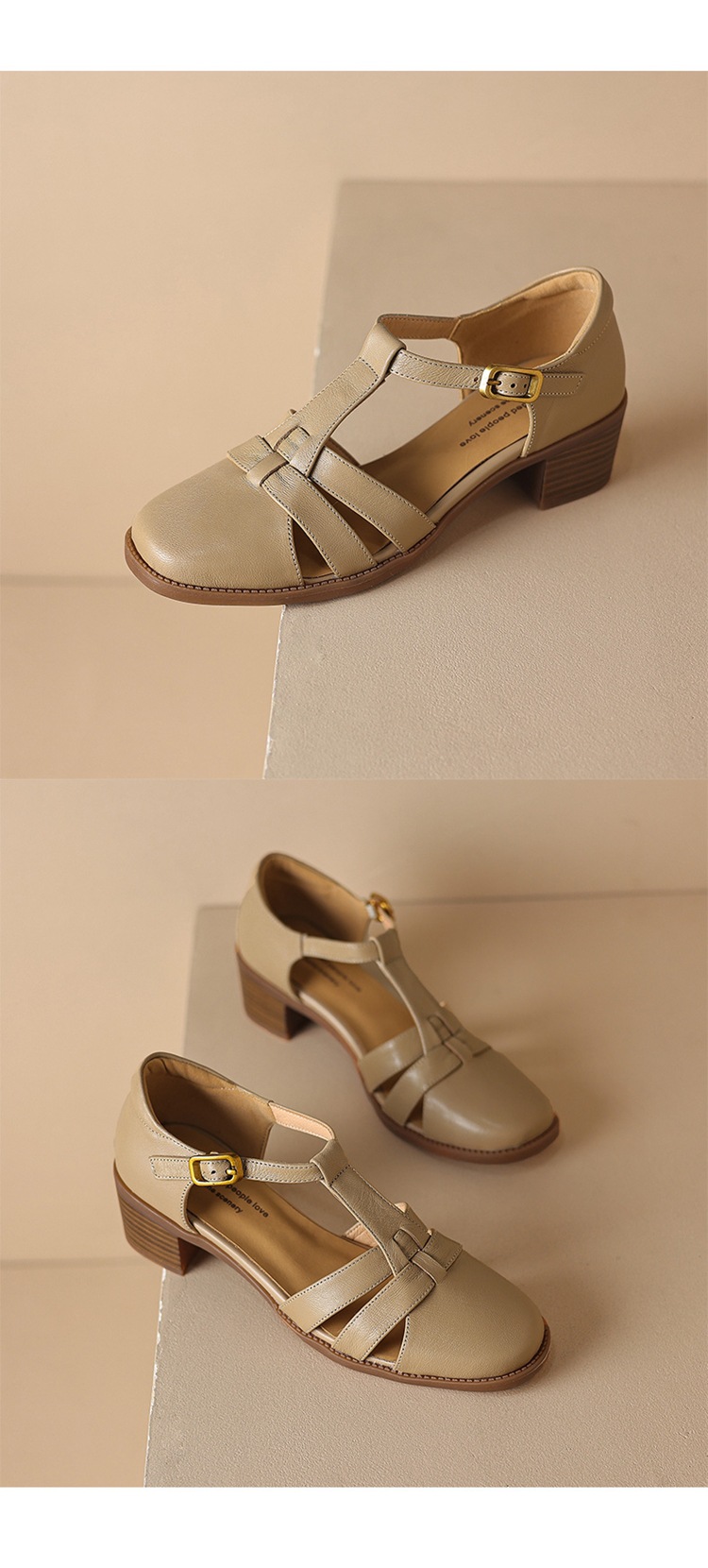 Sandal nữ quai chữ T da cừu rỗng gót xuồng 5 cm — Màu be chi tiết 16