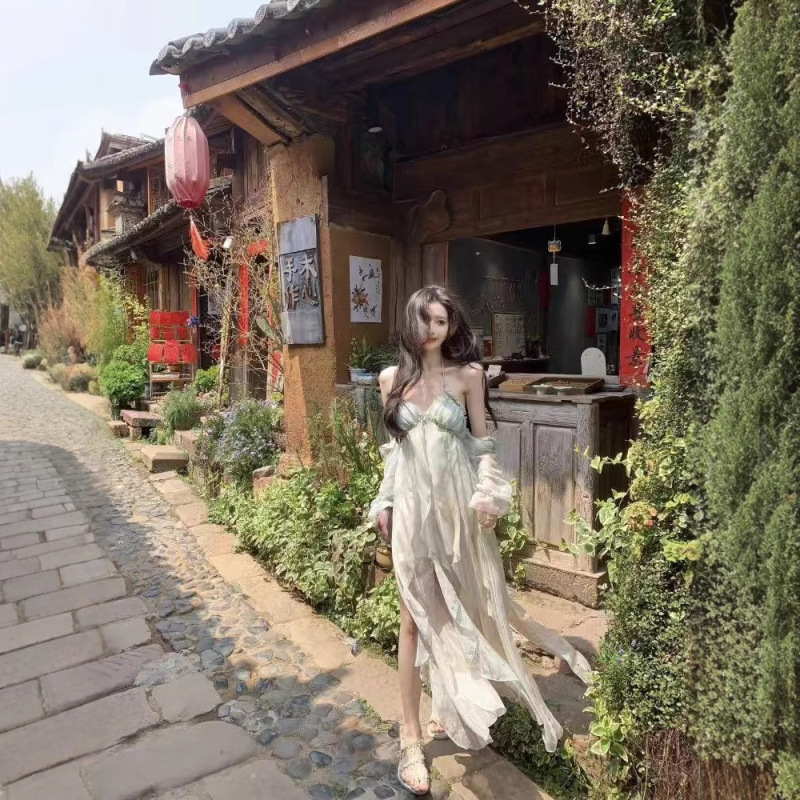 改良款，下单前请看实物夏季欲超仙氛围感荷叶边吊带连衣裙新款海|undefined