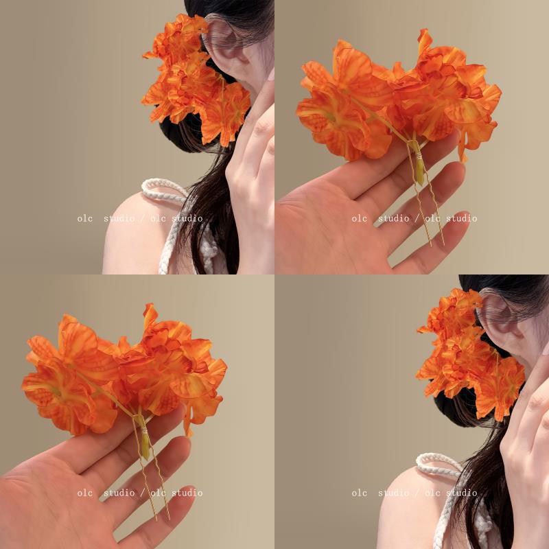 Persimmon Summer ~ Atmospheric Orange Flower Hairpin Seaside Resort Style Side Hair Flower Travel Ponytail Clip