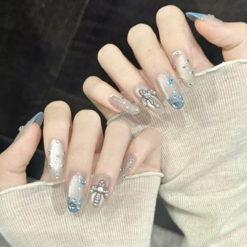 太武【蓝海星契】清透冰蓝渐变珠光猫眼美甲十字架少女手工穿戴甲